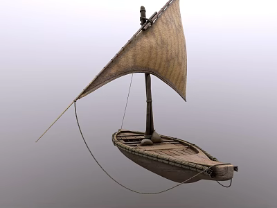 Wooden Sailboat Featuring Brown Sail Mast And Deck On Gray Background 3d model