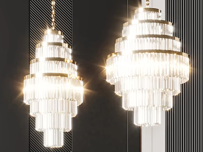 Modern Elegant Layered Crystal Chandeliers With Transparent Glass And Gold Accents Illuminated 3d model