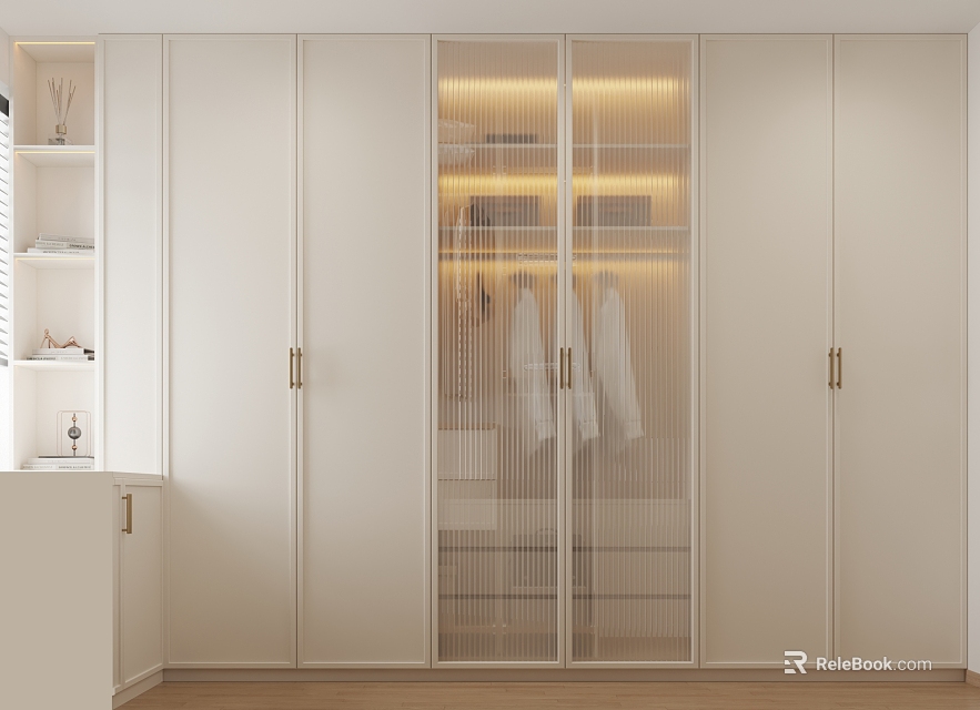 Stylish Walk in Closet Interior Featuring White Cabinetry Glass Doors Golden Handles And LED Lighting 3d model 