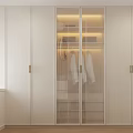 Stylish Walk in Closet Interior Featuring White Cabinetry Glass Doors Golden Handles And LED Lighting