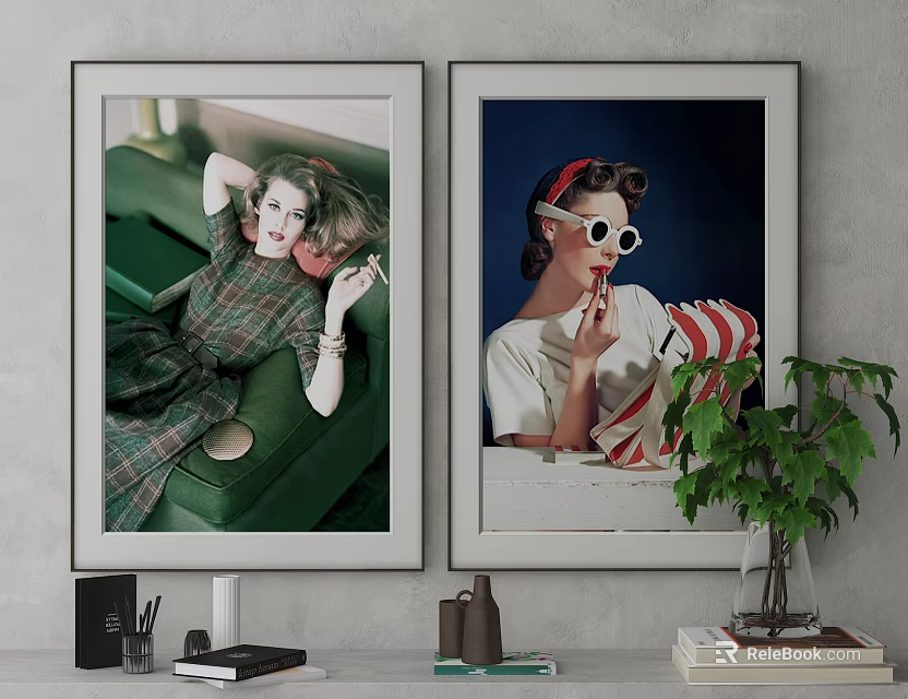 Two Framed Portrait Paintings Featuring Women in Plaid Dress and Red Headband with Sunglasses 3d model 