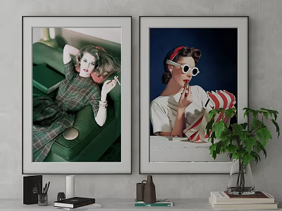 Two Framed Portrait Paintings Featuring Women in Plaid Dress and Red Headband with Sunglasses 3d model