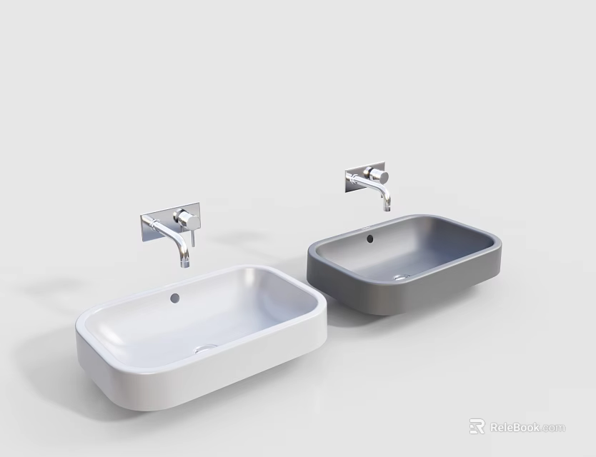 Two Modern White and Gray Washbasins with Silver Faucets in Minimalist Design 3d model 