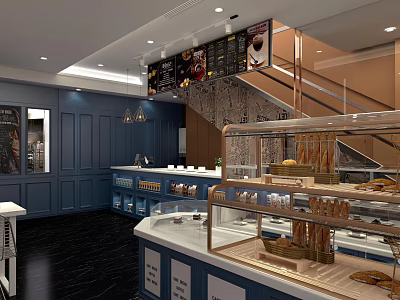 Modern Dessert Shop Interior With Glass Display Cases Fresh Pastries And Warm Lighting 3d model
