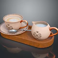 Beige Ceramic Coffee Cup Milk Jug And Spoon With Floral Pattern On Wooden Tray