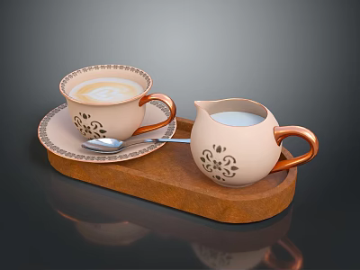 Beige Ceramic Coffee Cup Milk Jug And Spoon With Floral Pattern On Wooden Tray 3d model