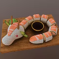 Snake Shaped Sushi Platter With Decorative Head Green Garnish On Wooden Tray And Soy Sauce