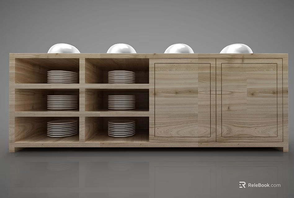 Wooden Display Shelf With Silver Domed Containers And Stacked Plates In Compartments 3d model 