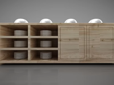 Wooden Display Shelf With Silver Domed Containers And Stacked Plates In Compartments 3d model