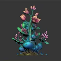 Cartoon Scene With Pink Flowers Blue Vase Green Leaves And Decorative Base