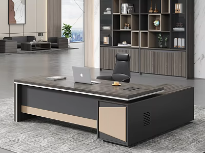 Modern Office Desk With Laptop Coffee Cup And Black Chair Near Wooden Bookshelf With Decorations 3d model