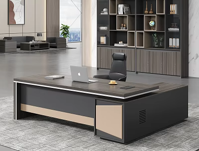 Modern Office Desk With Laptop Coffee Cup And Black Chair Near Wooden Bookshelf With Decorations 3d model