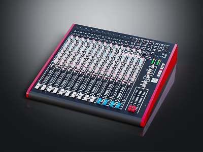 Professional Audio Mixing Console With Multiple Faders Knobs And Modern Red Black Frame 3d model