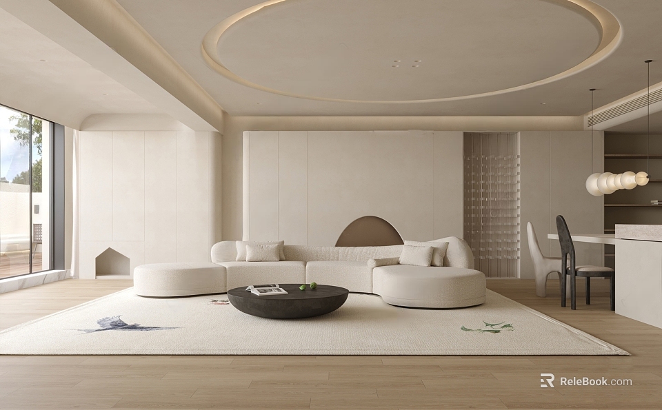 Minimalist Living Room Interior Design With Circular Ceiling White Sofa Circular Rug And Wooden Floor 3d model 