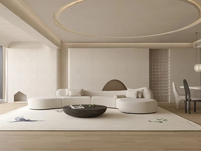 Minimalist Living Room Interior Design With Circular Ceiling White Sofa Circular Rug And Wooden Floor 3d model