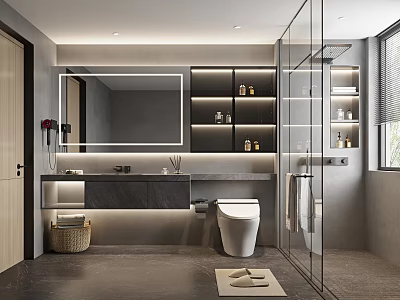 Modern Bathroom Interior Design With Large Mirror Vanity Wall Cabinets Toilet And Glass Shower 3d model