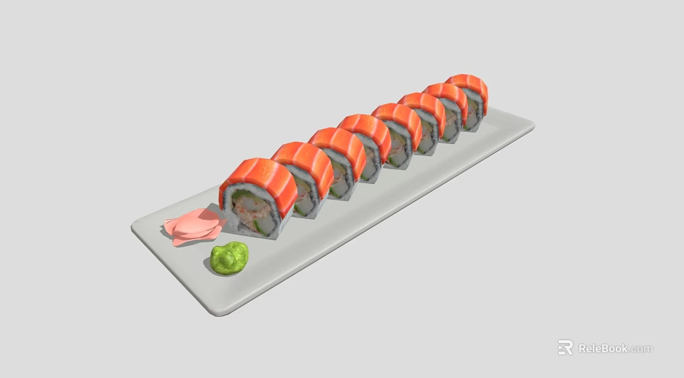 Fresh Salmon Sushi Rolls With Wasabi And Pickled Ginger On White Rectangular Plate 3d model