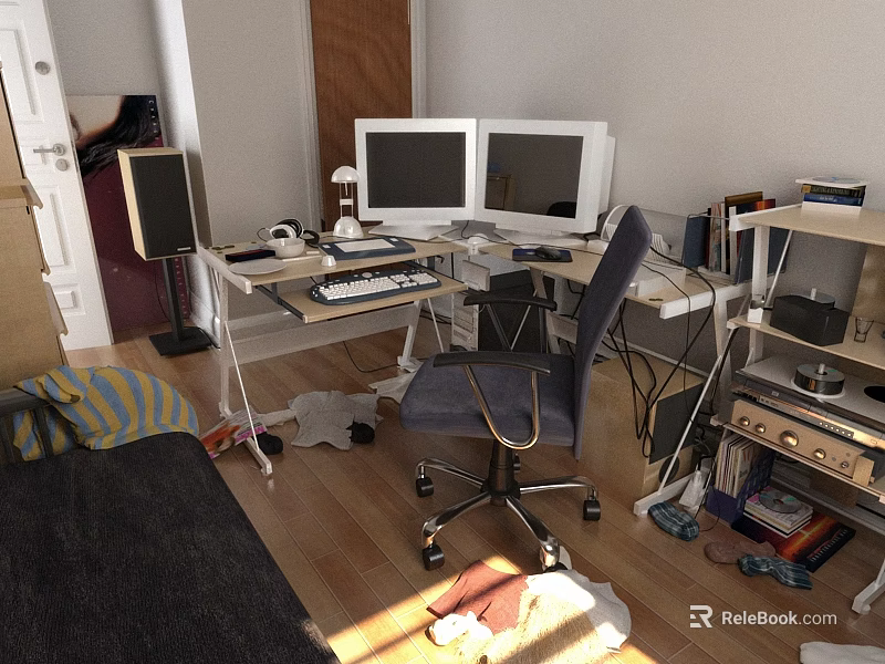 Office Desk With Two Monitors Keyboard Desk Lamp Office Chair And Sunlight On Wooden Floor 3d model 