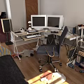 Office Desk With Two Monitors Keyboard Desk Lamp Office Chair And Sunlight On Wooden Floor