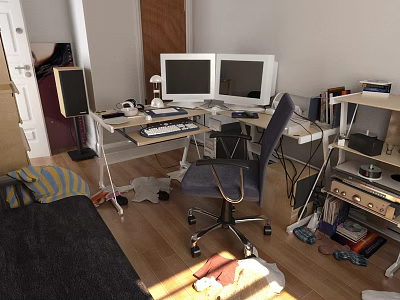 Office Desk With Two Monitors Keyboard Desk Lamp Office Chair And Sunlight On Wooden Floor 3d model