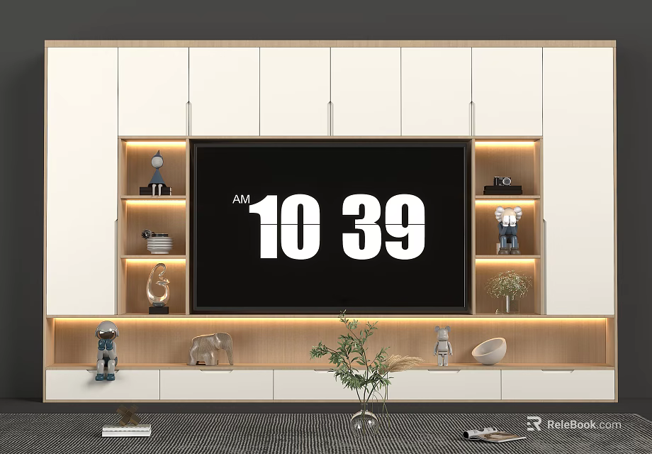 Modern TV Stand Design With White Cabinets Wooden Accents LED Lighting And Decorative Items 3d model 