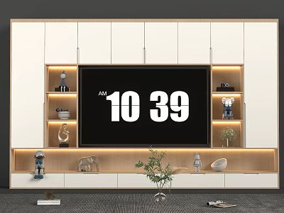 Modern TV Stand Design With White Cabinets Wooden Accents LED Lighting And Decorative Items 3d model