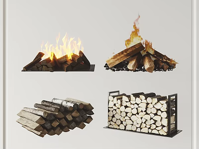 Stone And Wood Burning Fire With Flames Stacked Logs And Firewood Racks 3d model