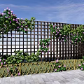 Building Exterior Wall With Wooden Lattice Purple Flowers Green Vines And Bamboo Fence