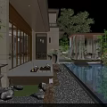 Modern House Roof Garden With Swimming Pool Green Plants And Wooden Deck For Relaxation Space