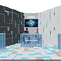 Modern Public Office Space Design With Geometric Walls Blue Lighting And Transparent Cabinets