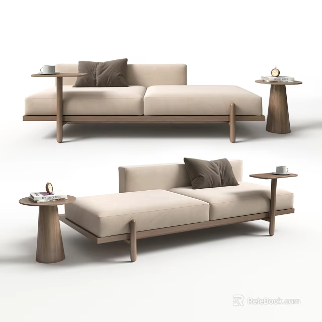 Modern Minimalist Chaise Lounge With Brown Cushion And Wooden Side Table 3d model 