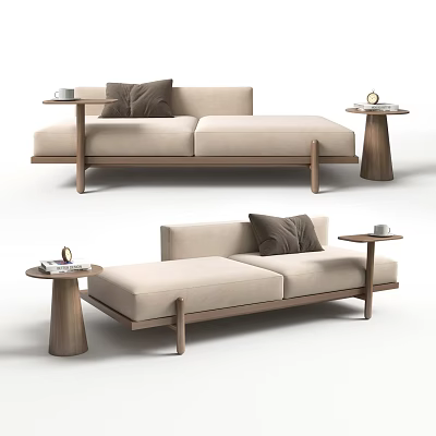 Modern Minimalist Chaise Lounge With Brown Cushion And Wooden Side Table 3d model
