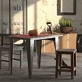 Rustic Dining Table Set With Wooden Stools Pumpkin And Potted Plant Near Weathered Wall