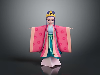 Woman in Traditional Origami Costume with Pink Robe Purple Hair Golden Crown and White Base 3d model