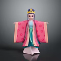 Woman in Traditional Origami Costume with Pink Robe Purple Hair Golden Crown and White Base