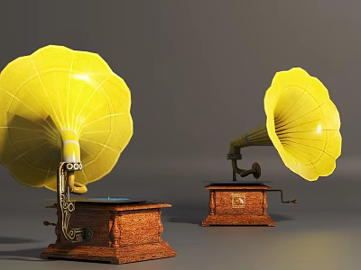 Vintage Yellow Large Horn Speakers With Wooden Base And Classic Retro Design 3d model