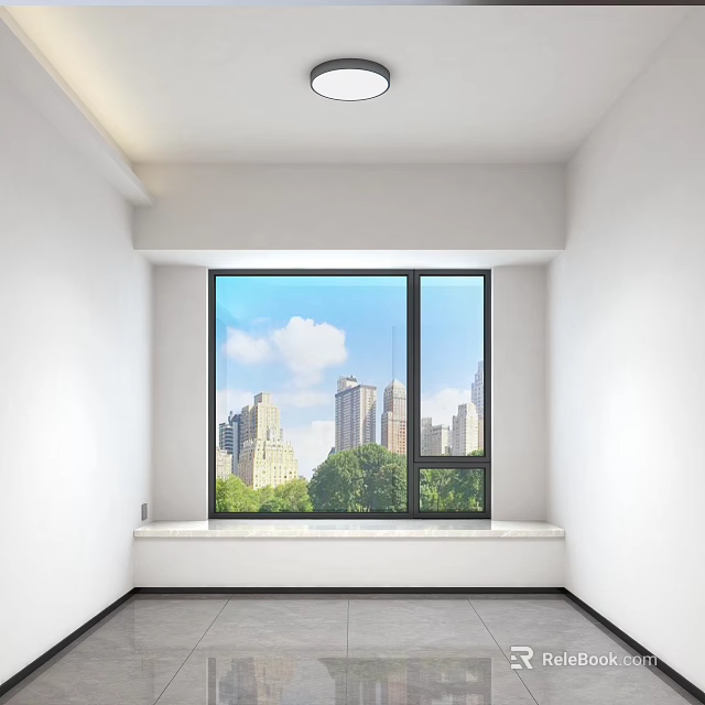 Modern Living Dining Room with White Walls Large Windows and City Green Trees View 3d model 