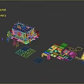 Traditional Architecture 3D Model with Orange Black Design Modular Roof and Detachable Parts