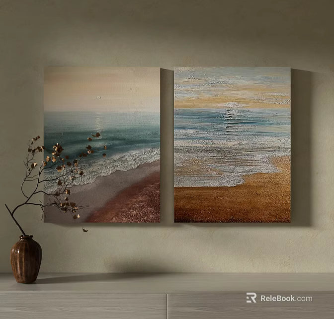 Two Panel Beach Paintings With Ocean Waves Sand And Sunset Hues 3d model
