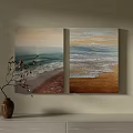 Two Panel Beach Paintings With Ocean Waves Sand And Sunset Hues 3d model