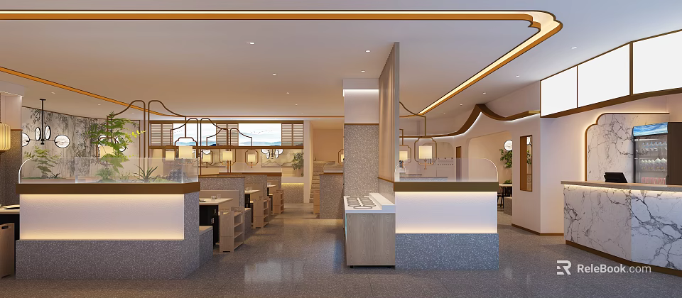 Modern Hot Pot Restaurant Interior Design Featuring Comfortable Seating Elegant Counter And Warm Lighting 3d model