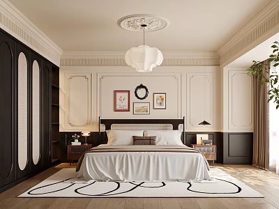 Elegant Bedroom Interior Design With Wainscoting Chandelier Framed Artworks Nightstands And Area Rug 3d model