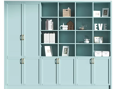 Light Blue Modern Display Cabinet With Multiple Shelves Books Photo Frames And Decorative Items 3d model