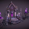 Ancient Shrine Altar Scene With Purple Flames Decorative Arch Candles Columns And Drapery