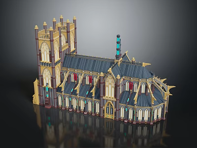 Cartoon Medieval Castle Scene With Spires Colorful Windows Gothic Towers And Blue Roof 3d model