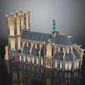 Cartoon Medieval Castle Scene With Spires Colorful Windows Gothic Towers And Blue Roof