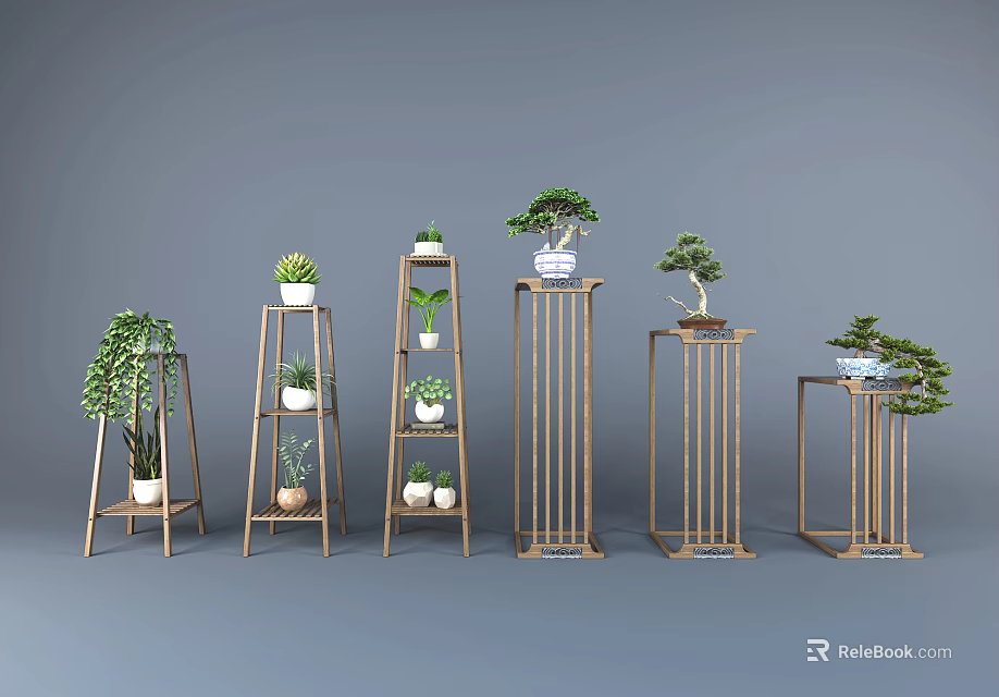 Stylish Wooden Plant Stands With Various Potted Green Plants And Bonsai For Garden Decor 3d model 