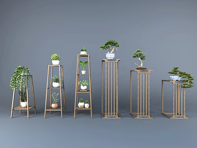 Stylish Wooden Plant Stands With Various Potted Green Plants And Bonsai For Garden Decor 3d model