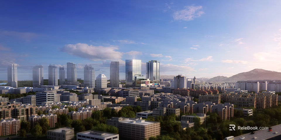 Urban Commercial Street With Modern High Rise Buildings Green Trees And Blue Sky 3d model 