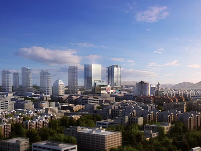 Urban Commercial Street With Modern High Rise Buildings Green Trees And Blue Sky 3d model